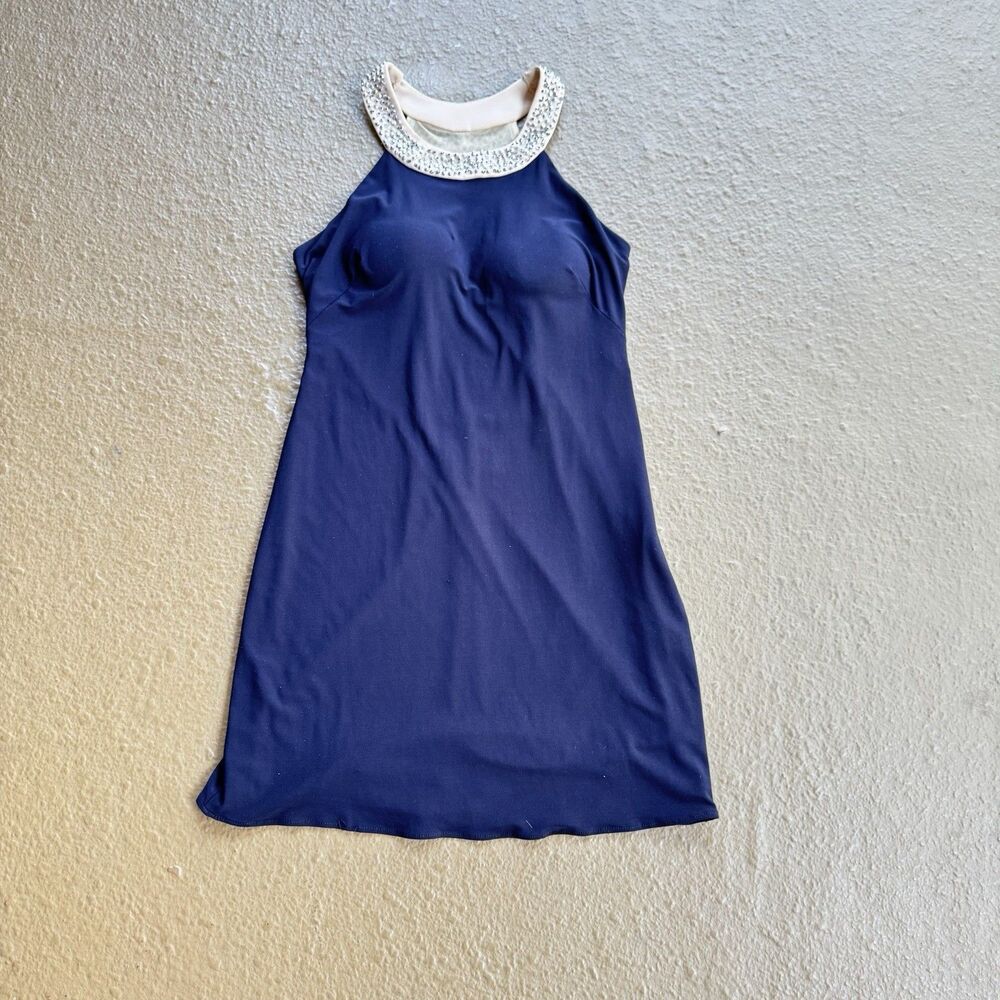Betsy & Adam Dress Mini Size 2 Bejeweled Back Navy  Glam Glittered Build In Bra